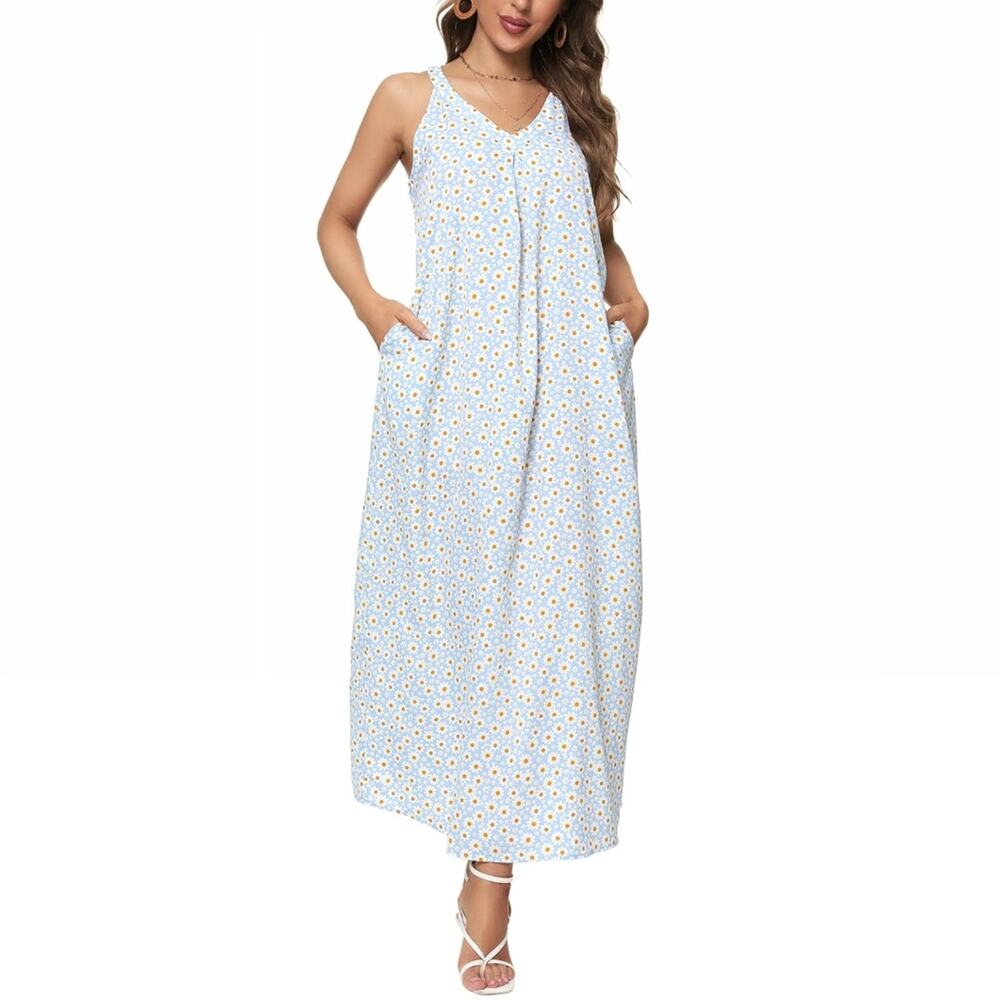 New Daisy Print Blue Maxi Dress Long Loose Cool Dress‎ Dainty Pockets Size S NWT